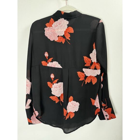 Who What Wear Dark Floral Whimsygoth Feminine Classy Office Sheer Button Up Top - Picture 4 of 5